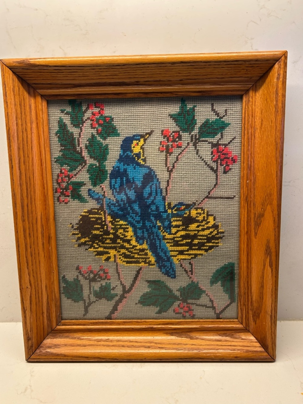 Vintage Blue Bird in Nest Needlepoint Tapestry Wall Art 1960s/1970s